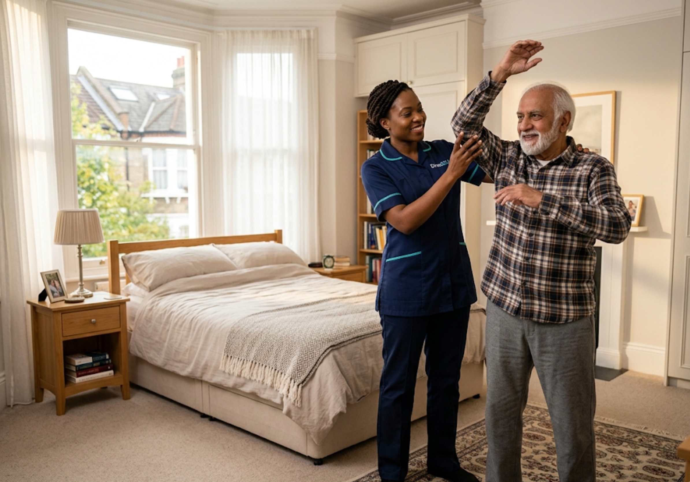 Live-in carer assisting client with daily activities at home