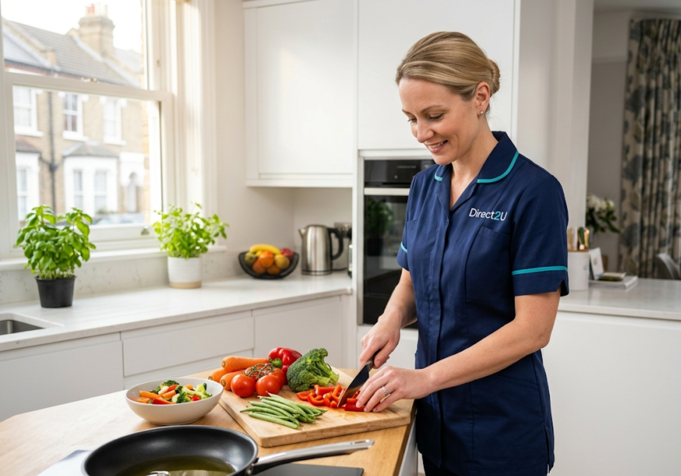 Carer preparing a nutritious meal in a client's kitchen as part of domiciliary care